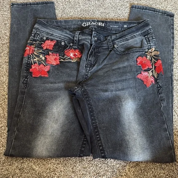 Grace Black Skinny Jeans with Red Floral Embroidery - Picture 2 of 4